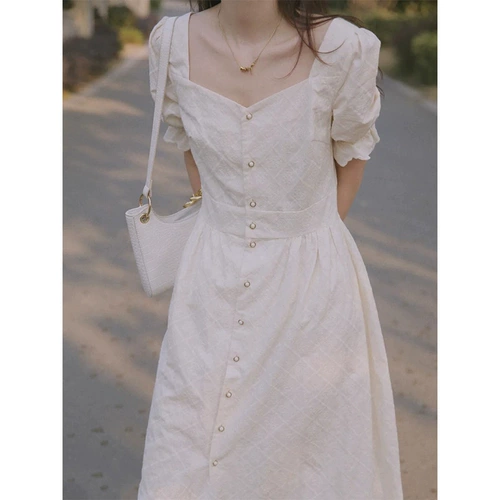 Юбка, белое платье, коллекция 2023, городской стиль, французский стиль, квадратный вырез