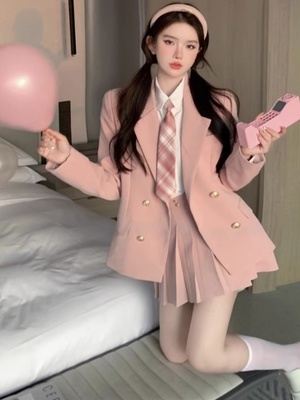 2025新款粉色学院风JK制服西装连衣裙子迪士尼穿搭三件套装女秋冬