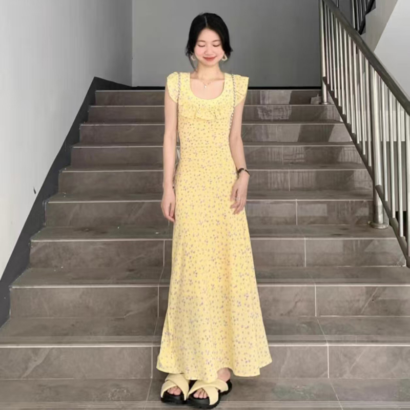 高個(gè)子加長款到腳踝法式少女荷葉邊裙子夏季海邊度假修身連衣裙
