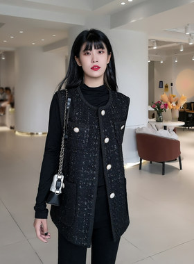 香风小马甲女2023春秋季新款韩版工装V领编织宽松马夹中长款外套