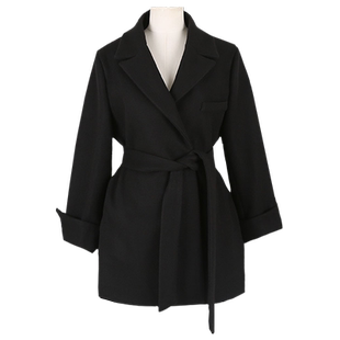 系带毛呢西装外套2021秋冬新款女黑色赫本秋冬小矮个子中长款大衣