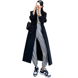 秋季西装外套女2023长款过膝黑色显瘦休闲西服女生双排扣直筒大衣