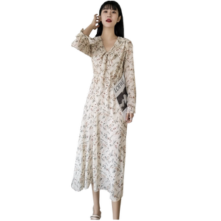 雪纺连衣裙女长袖2021韩版春夏新款收腰显瘦过膝长款V领碎花裙子