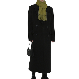 范比伦高个子黑色西装领毛呢外套女2022秋冬新款宽松长款过膝大衣