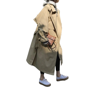 2024春秋新款韩版双排扣宽松中长款风衣女收腰系带卡其色大衣外套