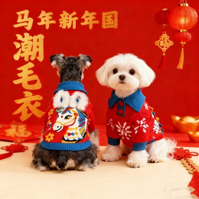 马年狗狗新年衣服法斗巴哥泰迪比熊雪纳瑞猫咪喜庆毛衣过年冬装