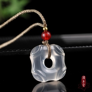高冰白玉髓白月光四方平安扣吊坠 玉石玛瑙挂件装饰水晶礼物