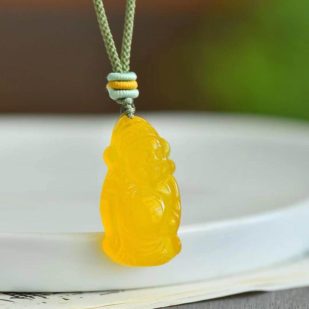 黄玛瑙玉髓财神吊坠珠宝玉石项链财神爷男女款玉坠玉财神挂件