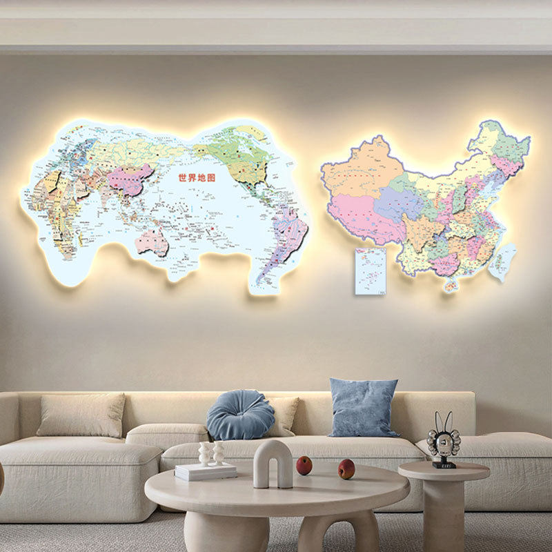 双联中国世界地图发光拼接挂画客厅装饰画LED带灯立体办公室挂画