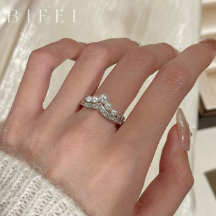 V形皇冠施家珍珠纯银戒指s925银指环2025新款轻奢气质约瑟芬手饰