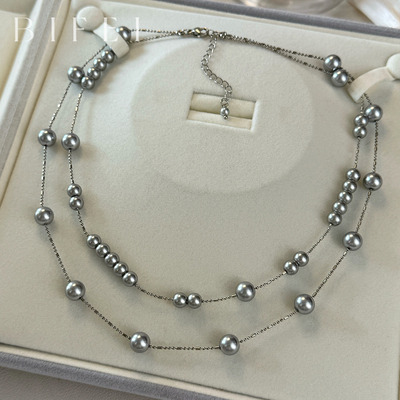 真多麻灰色珍珠长款项链女轻奢气质毛衣链双层多层叠戴锁骨链颈链