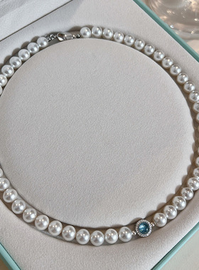 天然海蓝宝石澳白珍珠项链10mm锁骨链2025新款毛衣链女气质颈链女