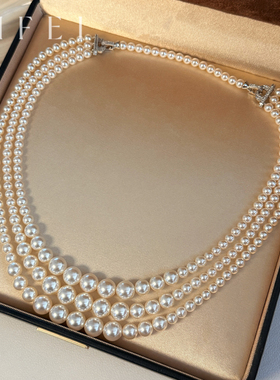 瑞秋同款多层渐变大小施家珍珠项链赫本风轻奢高级感锁骨颈链女士