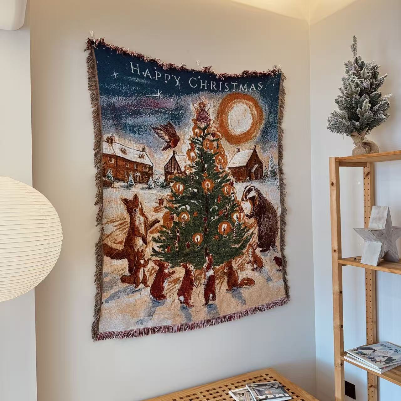 Happy Christmas 节日氛围感林地动物狐狸 兔子 知更鸟圣诞挂毯