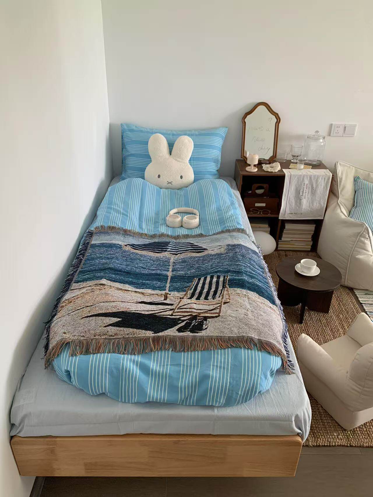 松弛感 蔚蓝海岸度假风格复古海报风格韩式毯子日落挂毯可铺床