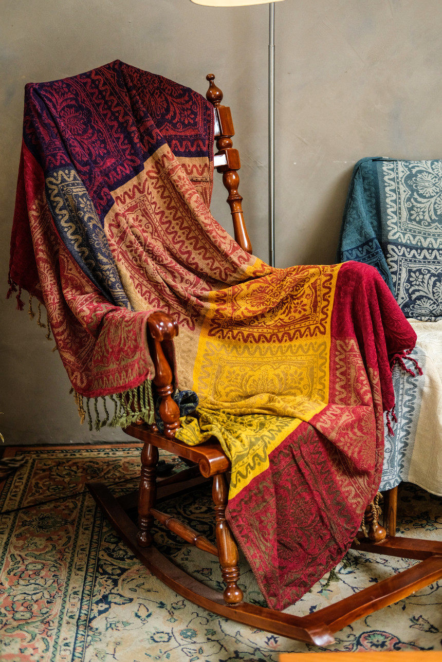 民族风雪尼尔中古风沙发巾复古沙发毯子全盖纯色网红沙发套沙发垫