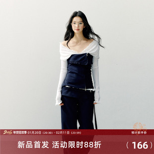 7Shiftin 原创设计可拆卸抹胸藏蓝拼接斜肩上衣高级感长袖收腰T恤