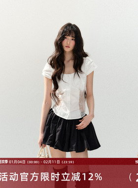 7Shiftin 原创设计春夏新款白色蕾丝泡泡袖衬衫配黑色短裙两件套