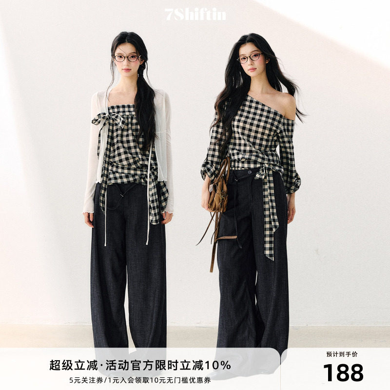 7Shiftin 原创设计水洗格纹抹胸斜肩两穿蝴蝶结抽褶收腰显瘦上衣