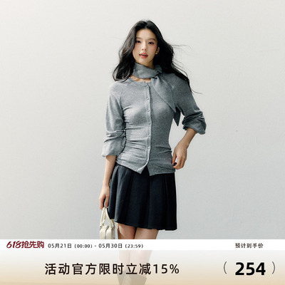 7Shiftin 原创春新款灰色单排扣修身显瘦收腰围巾领针织开衫上衣