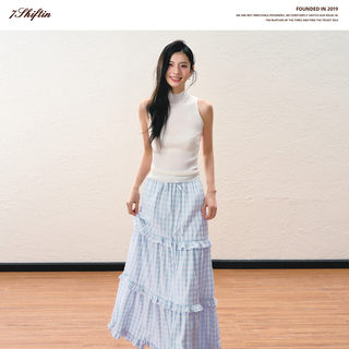 7Shiftin 原创设计夏季新款蓝色格子半身裙高腰显瘦花边中长裙女
