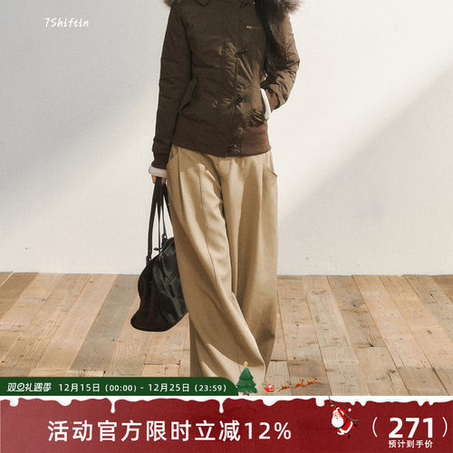 7Shiftin 原创设计卡其色高级西装阔腿裤宽松休闲垂感低腰直筒裤