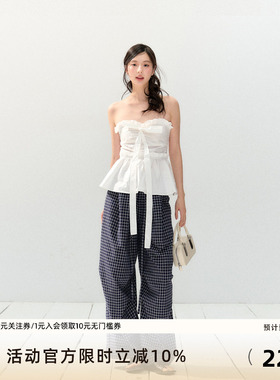 7Shiftin原创设计春夏新款慵懒休闲蓝色直筒格纹裤宽松垂感阔腿裤