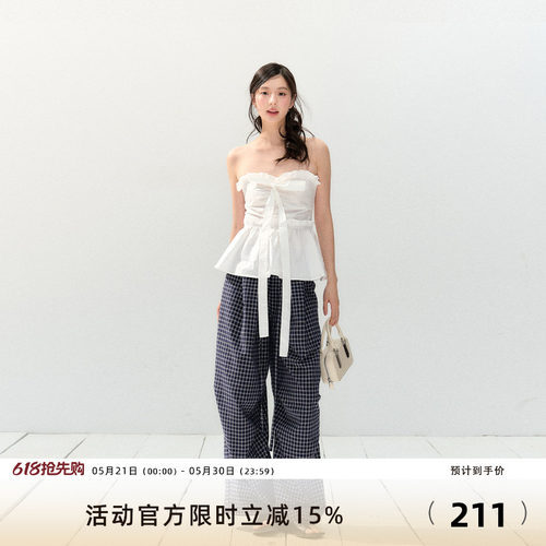 7Shiftin原创设计春夏新款慵懒休闲蓝色直筒格纹裤宽松垂感阔腿裤