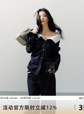 7Shiftin 原创设计新款长袖休闲一字肩短外套深蓝色牛仔衬衫上衣