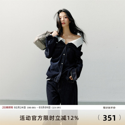 7Shiftin 原创设计新款长袖休闲一字肩短外套深蓝色牛仔衬衫上衣