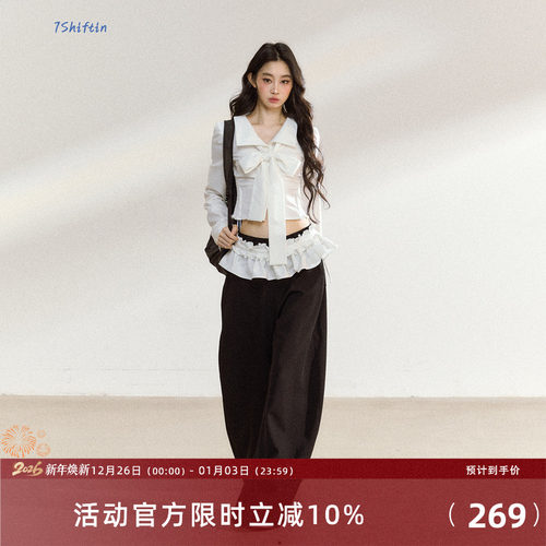 7Shiftin 原创新款辣妹套装白色蝴蝶结上衣花边直筒长裤两件套女