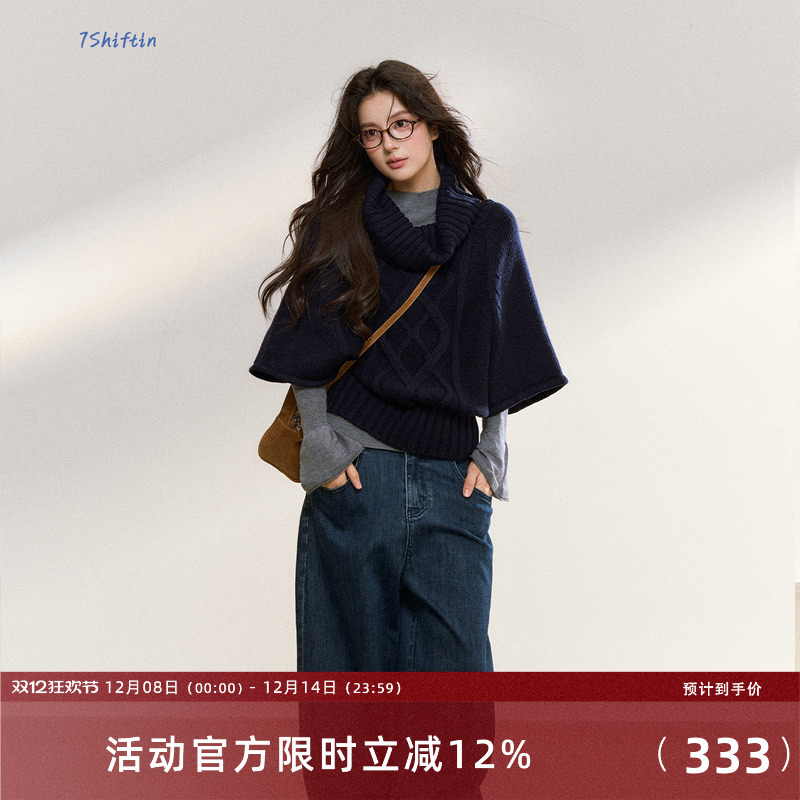 7Shiftin 原创设计秋冬款慵懒风双色宽松毛针织衫女简约套头上衣