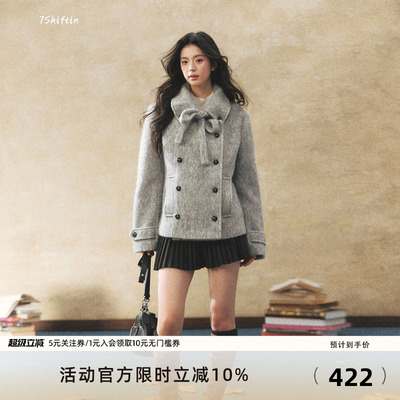 7Shiftin 原创设计小香风系带毛呢外套女冬季双排扣保暖呢子大衣