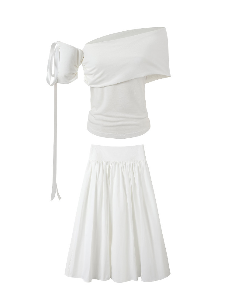 White two-piece off-shoulder top and skirt set