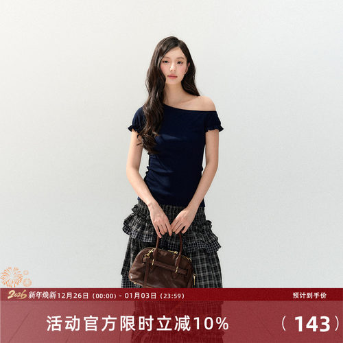 7Shiftin 原创设计春夏新款三色短袖T恤收腰修身辣妹斜肩打底上衣