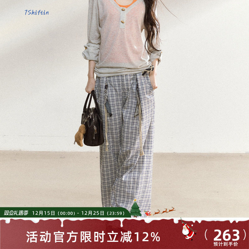 7Shiftin 原创设计新款韩系慵懒松弛感格纹裤子直筒宽松休闲长裤