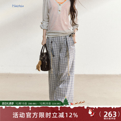7Shiftin 原创设计新款韩系慵懒松弛感格纹裤子直筒宽松休闲长裤