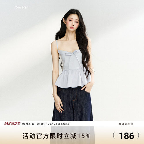 7Shiftin原创设计收腰荷叶边吊带方领柔和清爽背心蝴蝶结百搭上衣