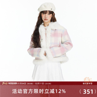 7Shiftin/22AW 原创设计格子拼接毛绒外套学院风毛呢外衣秋冬新款