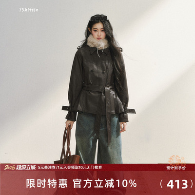 7Shiftin 原创设计深棕色收袖口毛呢皮大衣时尚复古收腰毛领外套