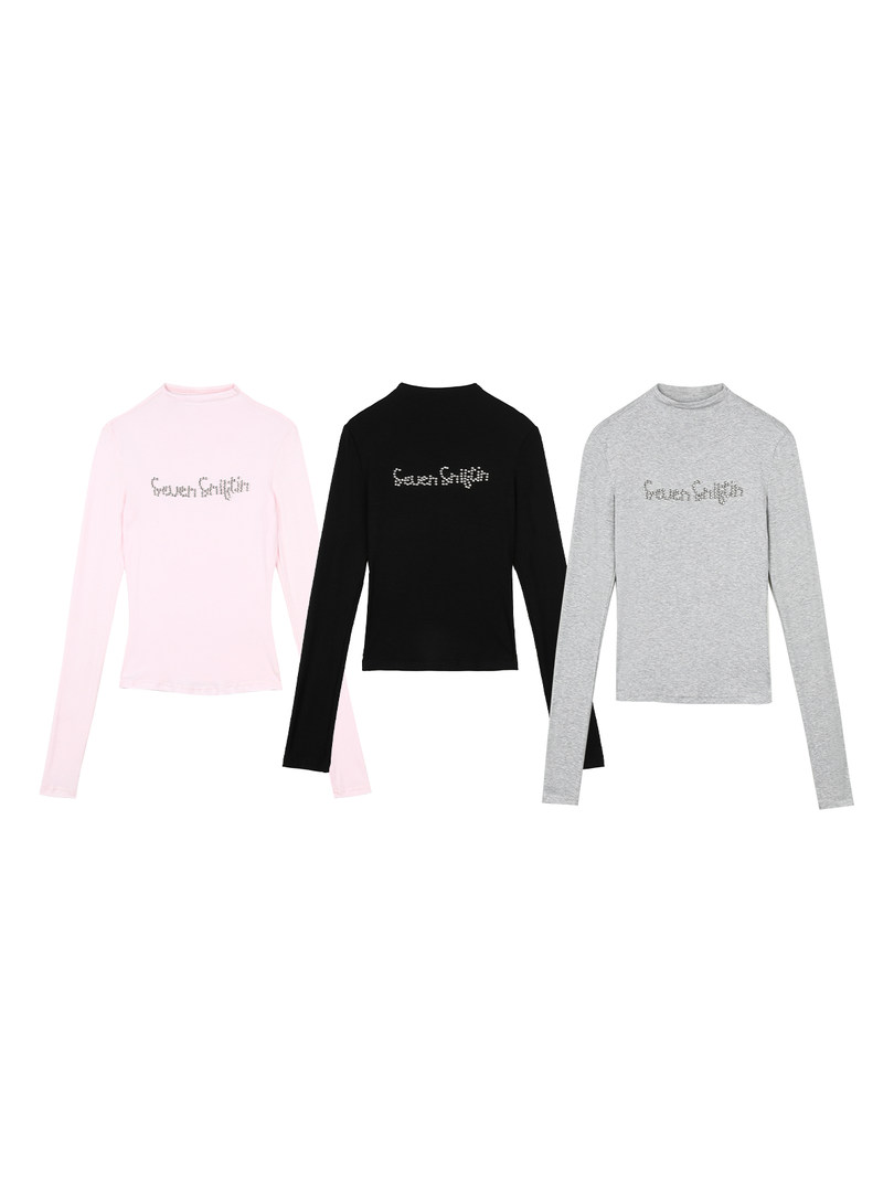 Three long-sleeve fitted tops in pink, black, and gray on a white background