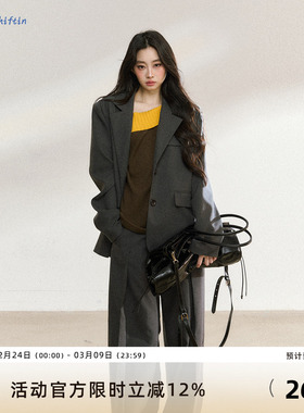 7Shiftin 原创设计深灰色中长款西装外套新款气质通勤夹克上衣女