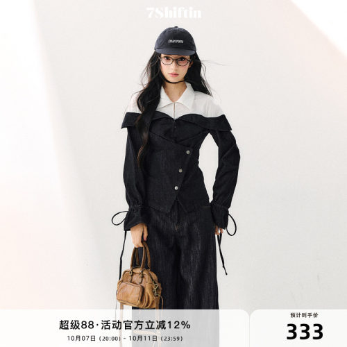 7Shiftin原创设计假两件拼接牛仔上衣翻领学院风衬衫清爽柔和长袖
