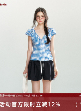 7Shiftin原创设计夏季新款蓝色高级格纹衬衫收腰显瘦短袖v领衬衣