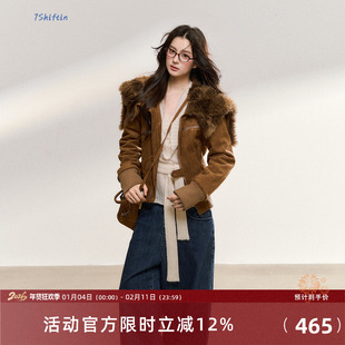 7Shiftin 原创秋冬款美拉德毛领拼接麂皮绒外套修身短款夹克外衣