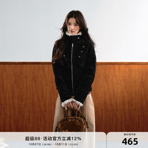 7Shiftin 原创设计复古麂皮拿破仑短外套蓬松羊羔毛对称排扣上衣