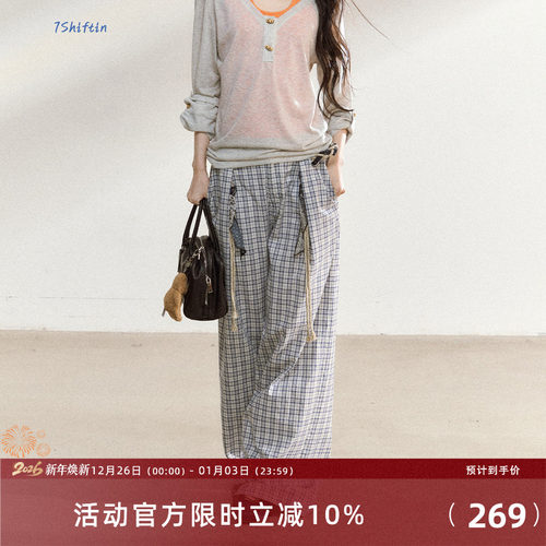 7Shiftin 原创设计新款韩系慵懒松弛感格纹裤子直筒宽松休闲长裤