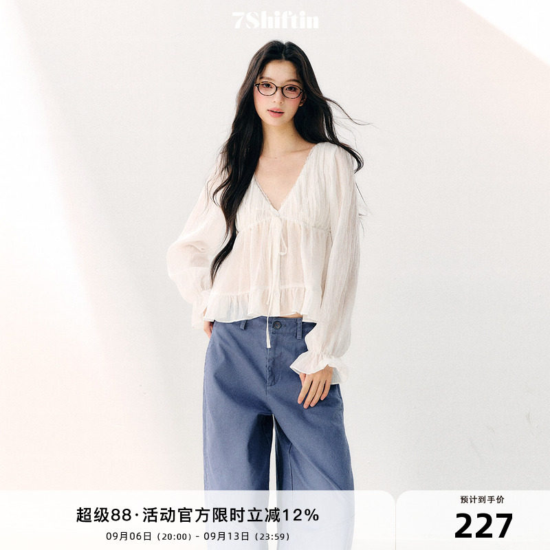 7Shiftin 原创设计绑带V领雪纺衫双层荷叶边显瘦长袖纯欲宽松上衣图片