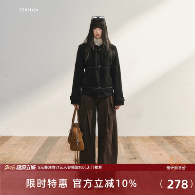 7Shiftin原创设计垂坠感宽松棕色休闲裤秋冬新款高腰百搭直筒长裤