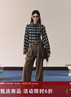 7Shiftin复古修身衬衣秋冬新款格纹衬衫休闲裤套装女